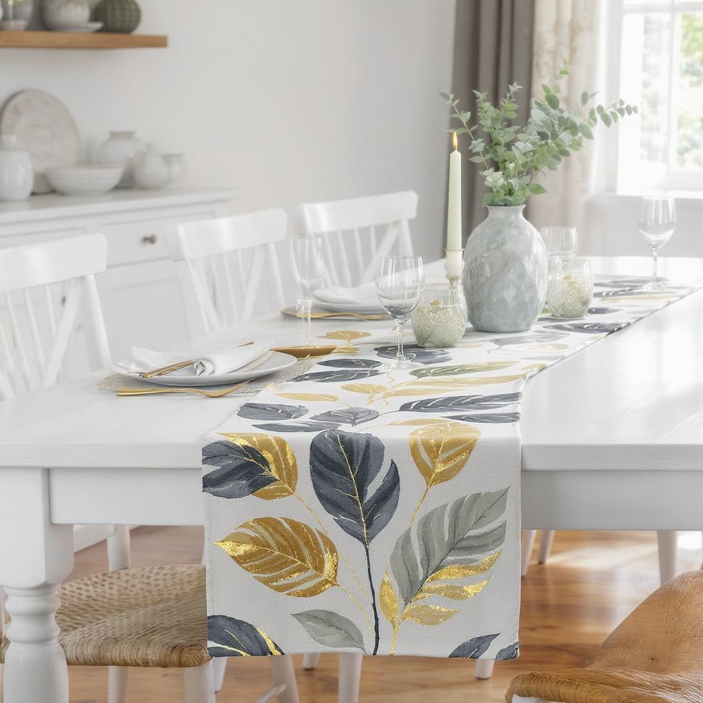 Gilded Leaf Print Linen Table Runner