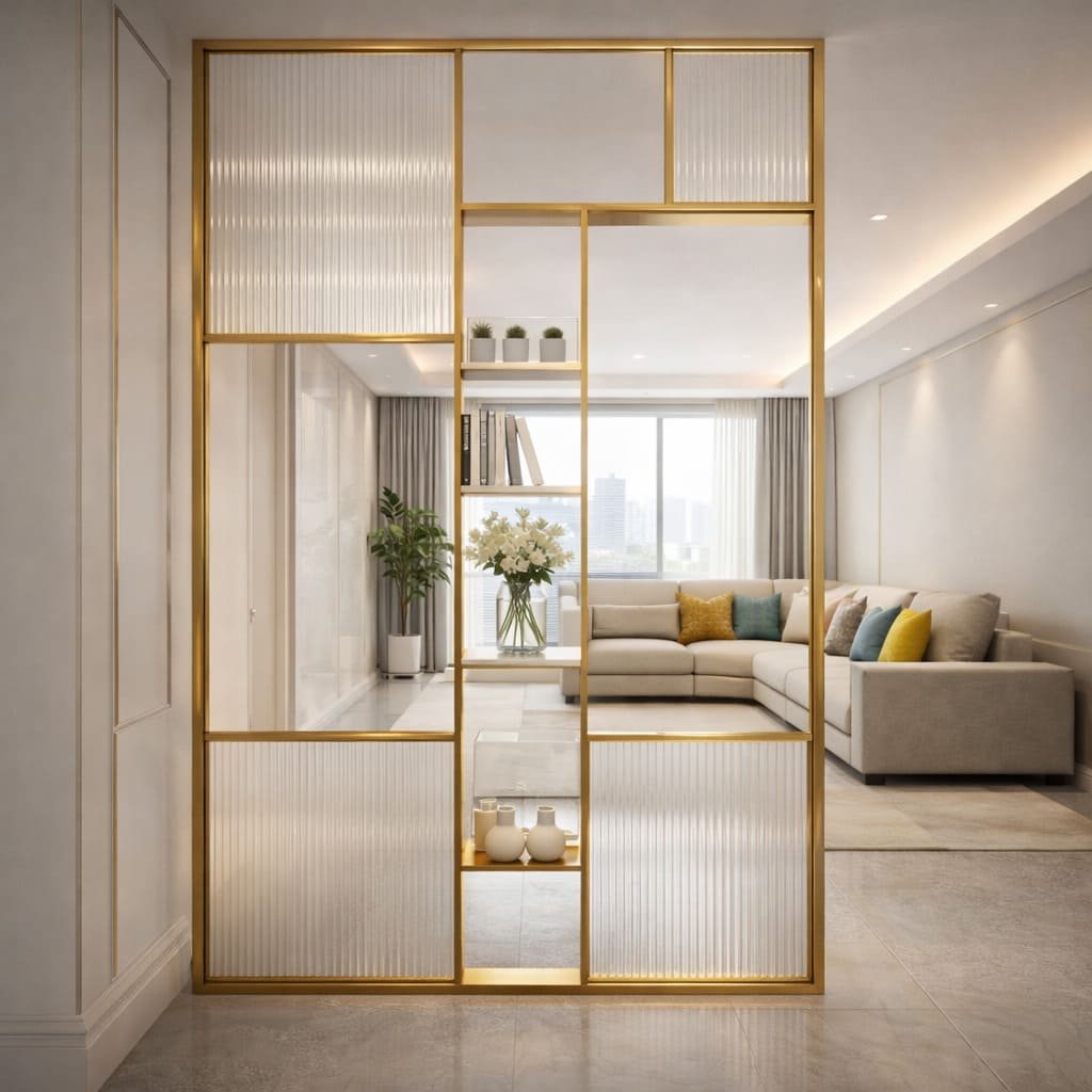 Gold Frame Fluted Glass Partition With Display Niches