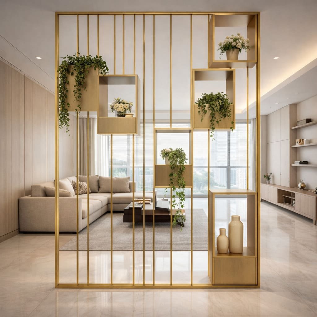 Gold Metal Frame Partition With Planter Boxes