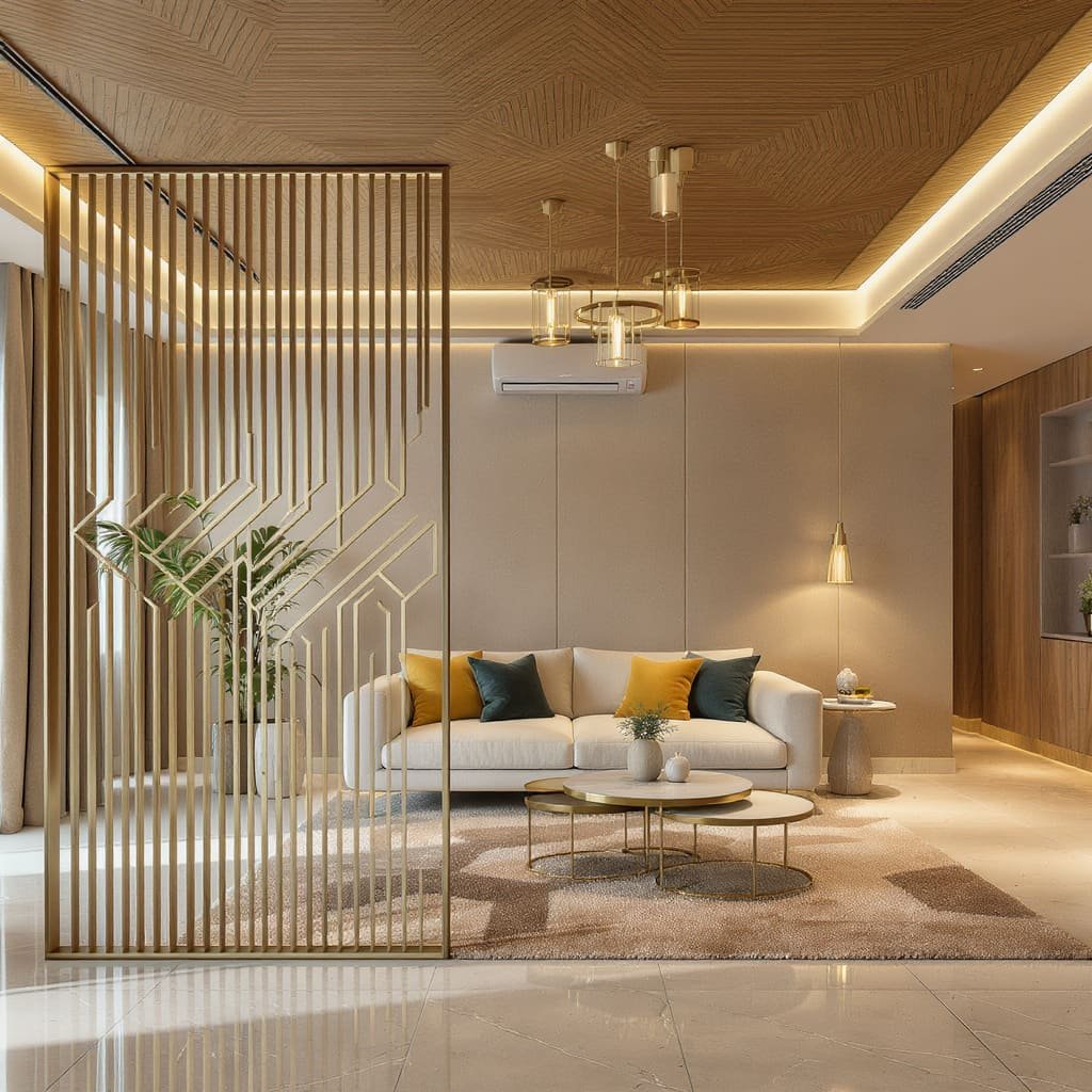 Gold Slat Corner Living Room Partition Screen