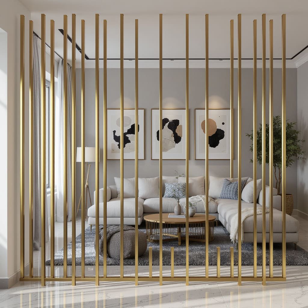 Gold Vertical Slat Living Room Partition Divider