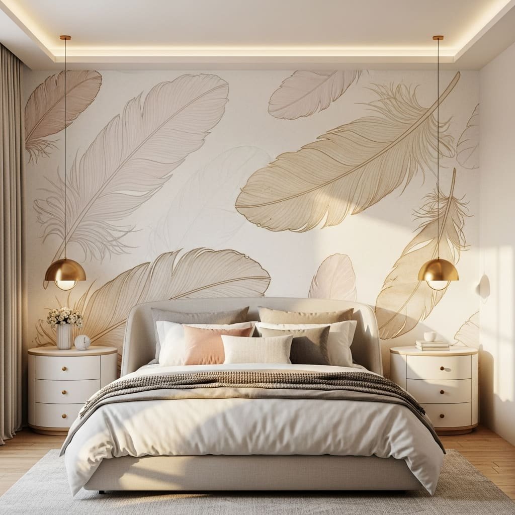Golden Feather Mural Soft Bedroom Wallpaper