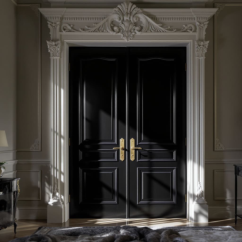 Grand Black Double Bedroom Doors with Ornate Trim