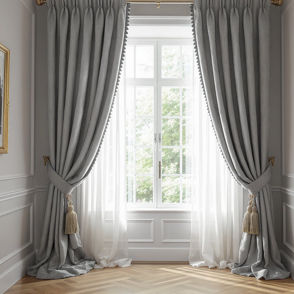 Gray Jacquard Curtains with Tassel Tiebacks