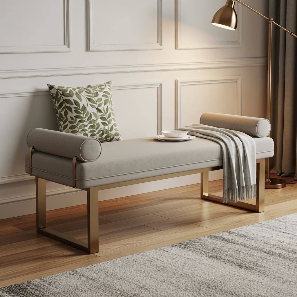 Gray Roll-Arm Bed Bench with Gold Frame