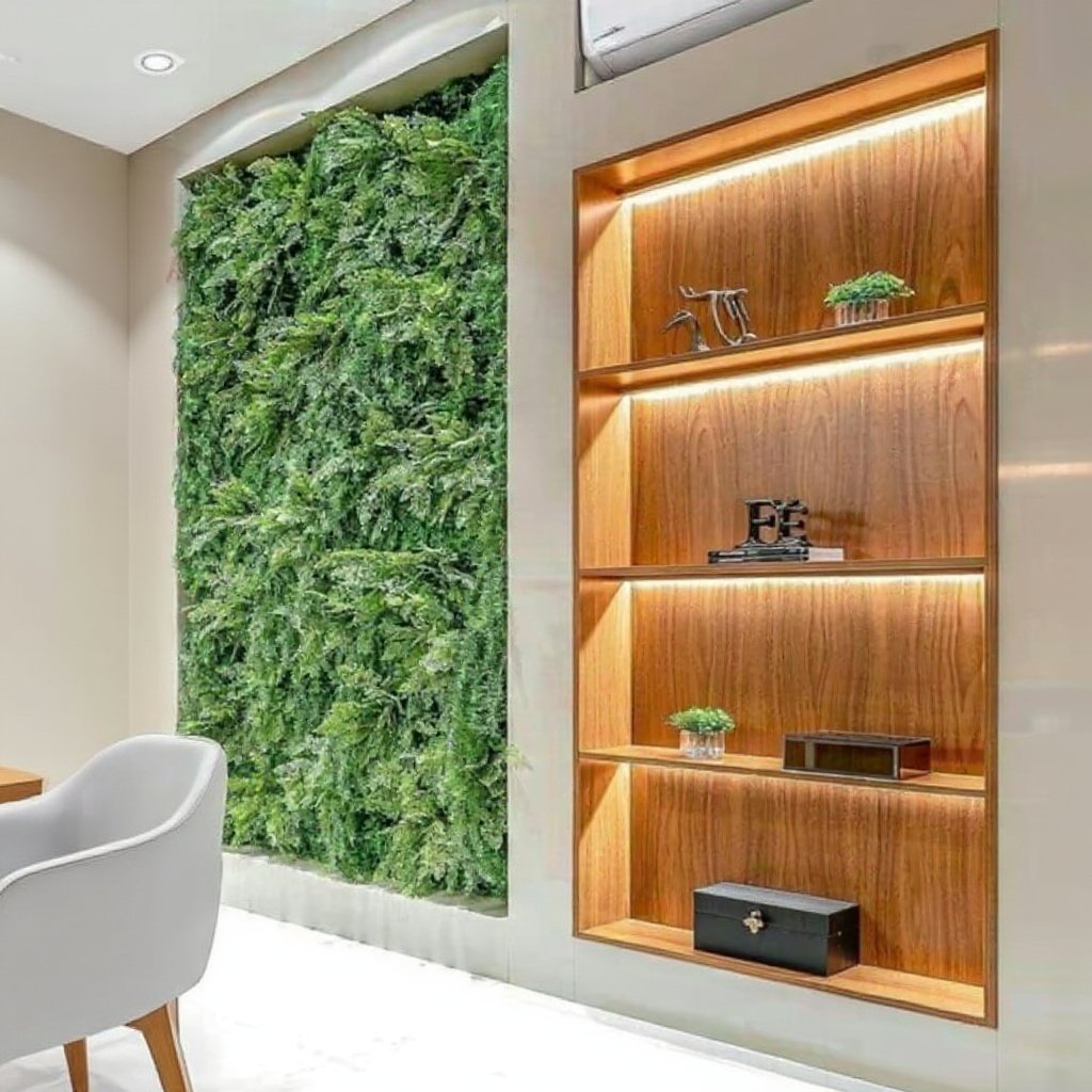 Green Wall With Backlit Wooden Showcase