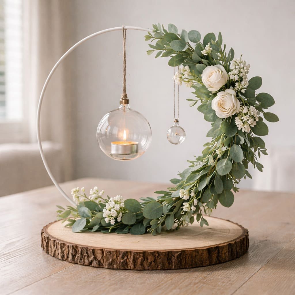 Hanging Glass Orb Floral Hoop Centrepiece