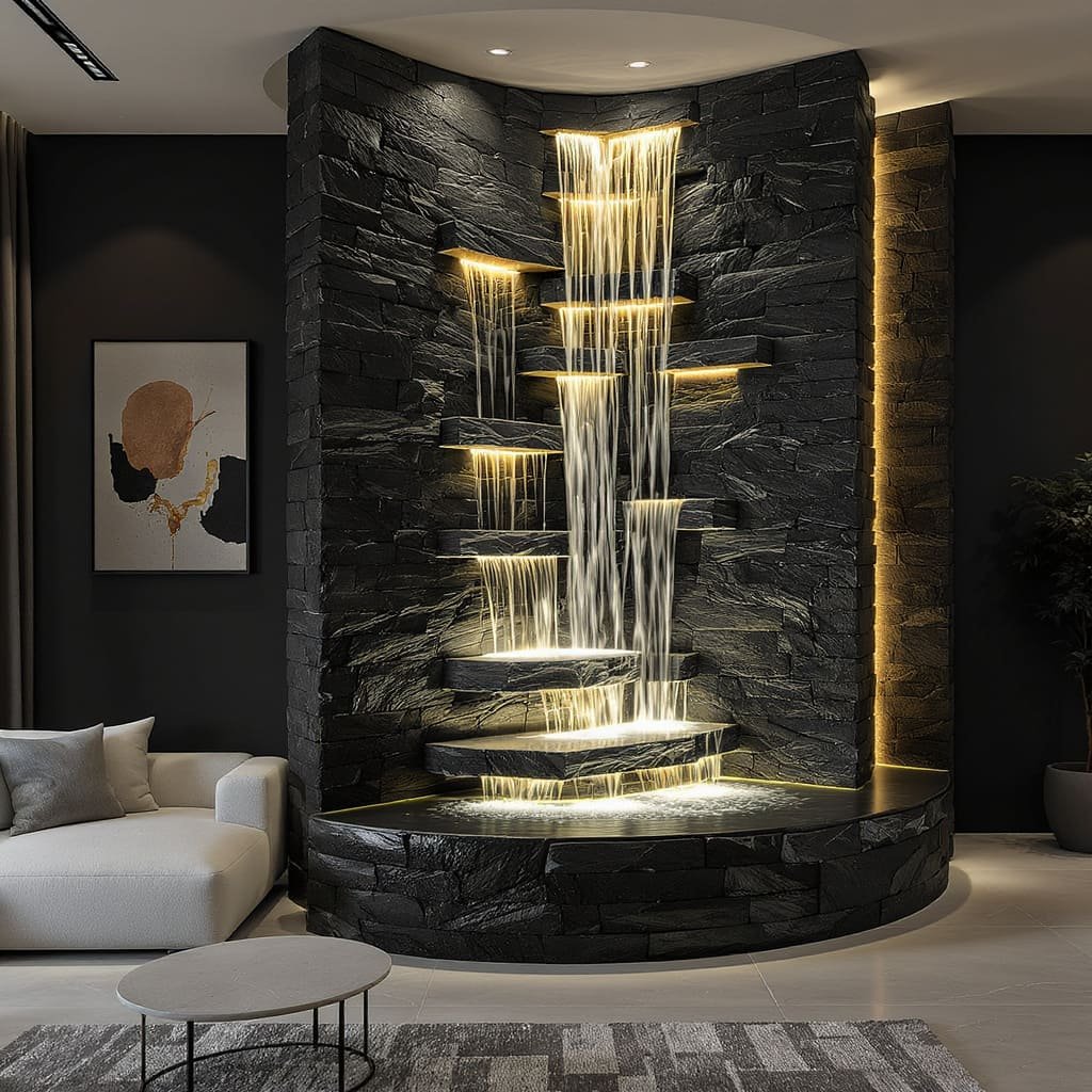 Illuminated Corner Slate Cascade Wall Fountain