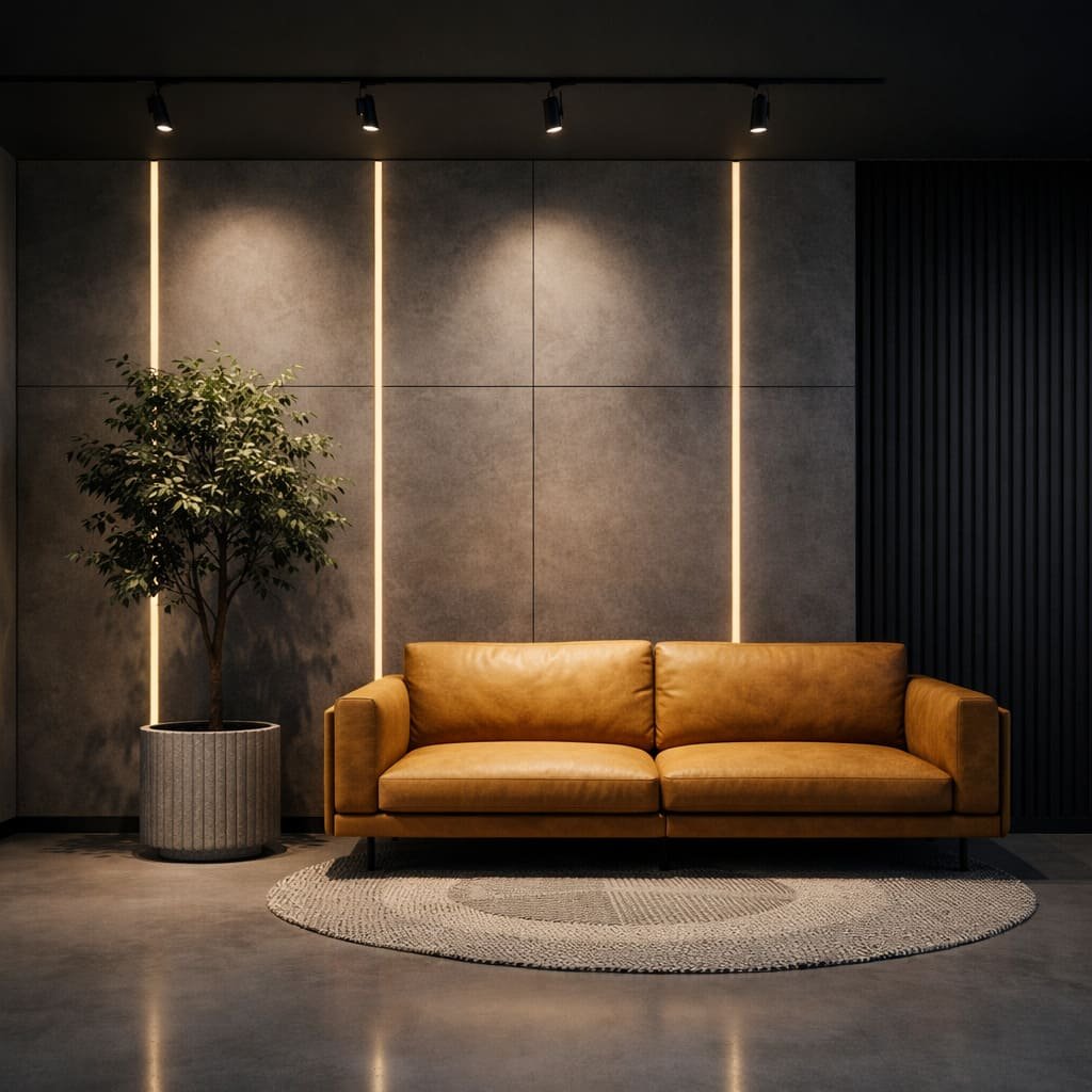 Industrial Concrete Panel Office Entrance Wall with LED Light Strips
