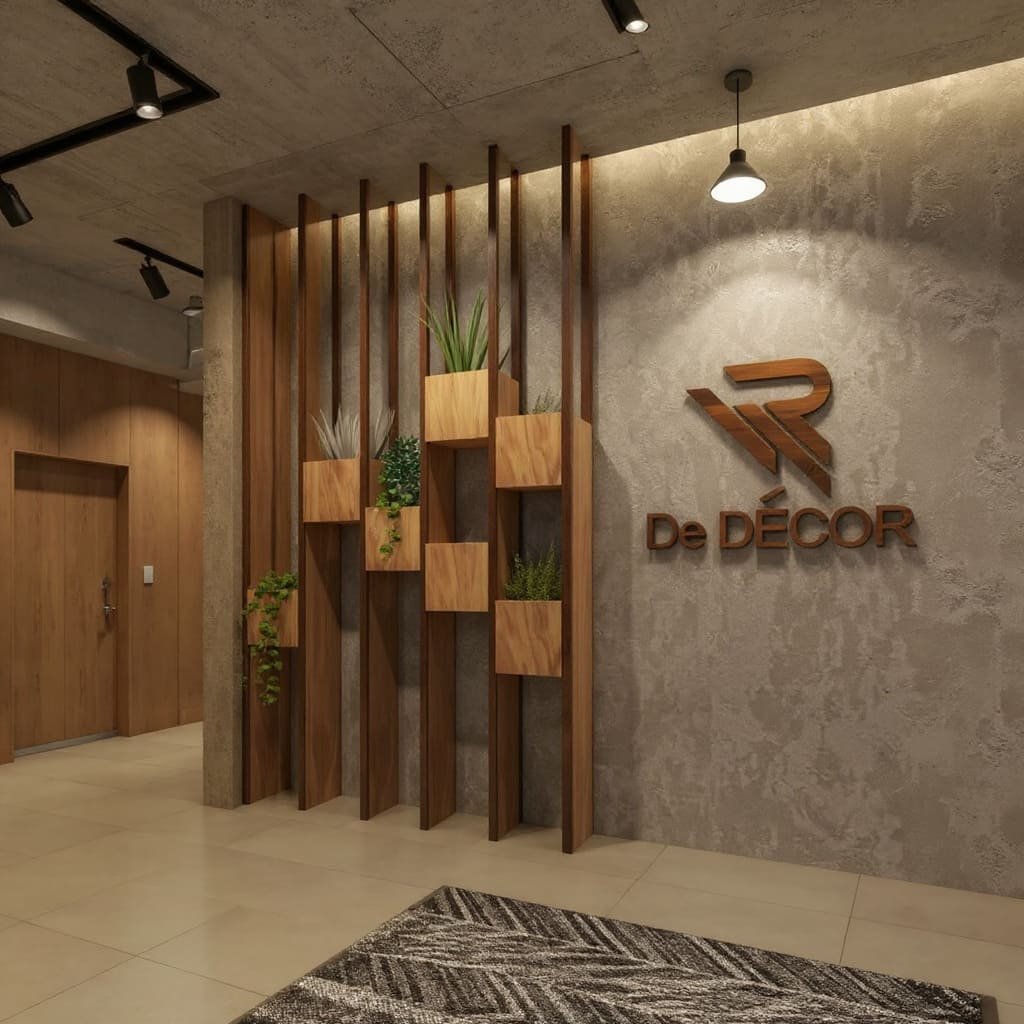 Industrial Textured Office Entrance Wall with Wood Logo and Planter Cubes