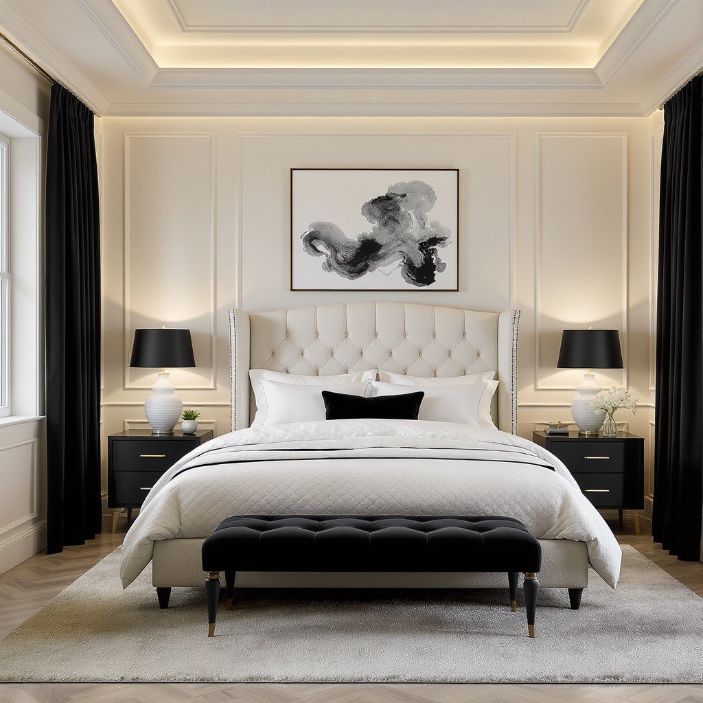 Ivory and Inky Black Bedroom Color Combination