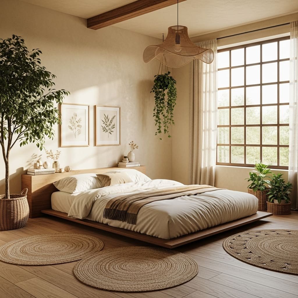 Japandi Nature Inspired Floor Bed with Woven Textures