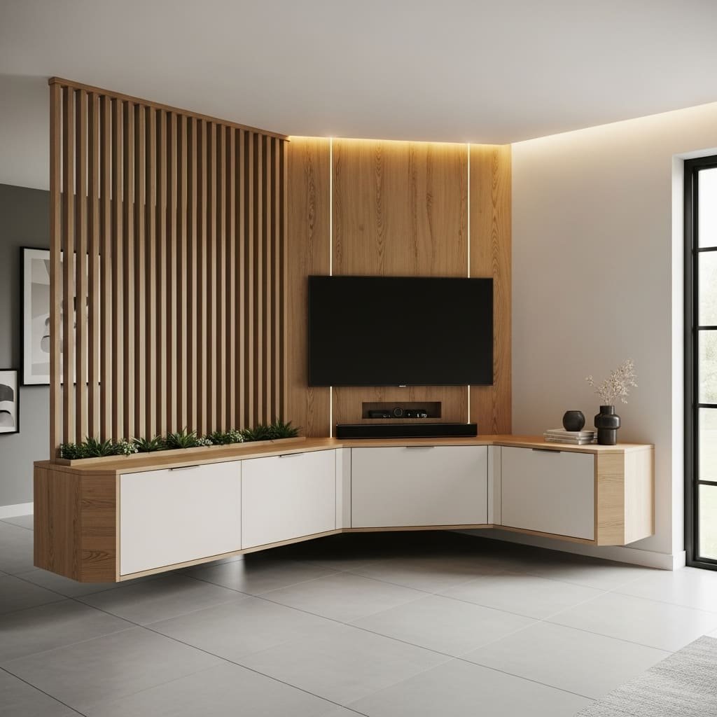 L Shape Corner TV Unit with Slatted Wood Partition