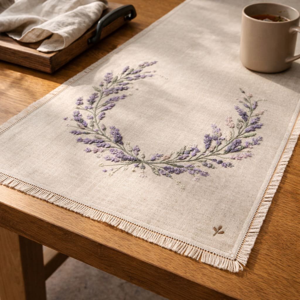 Lavender Wreath Embroidered Linen Table Runner