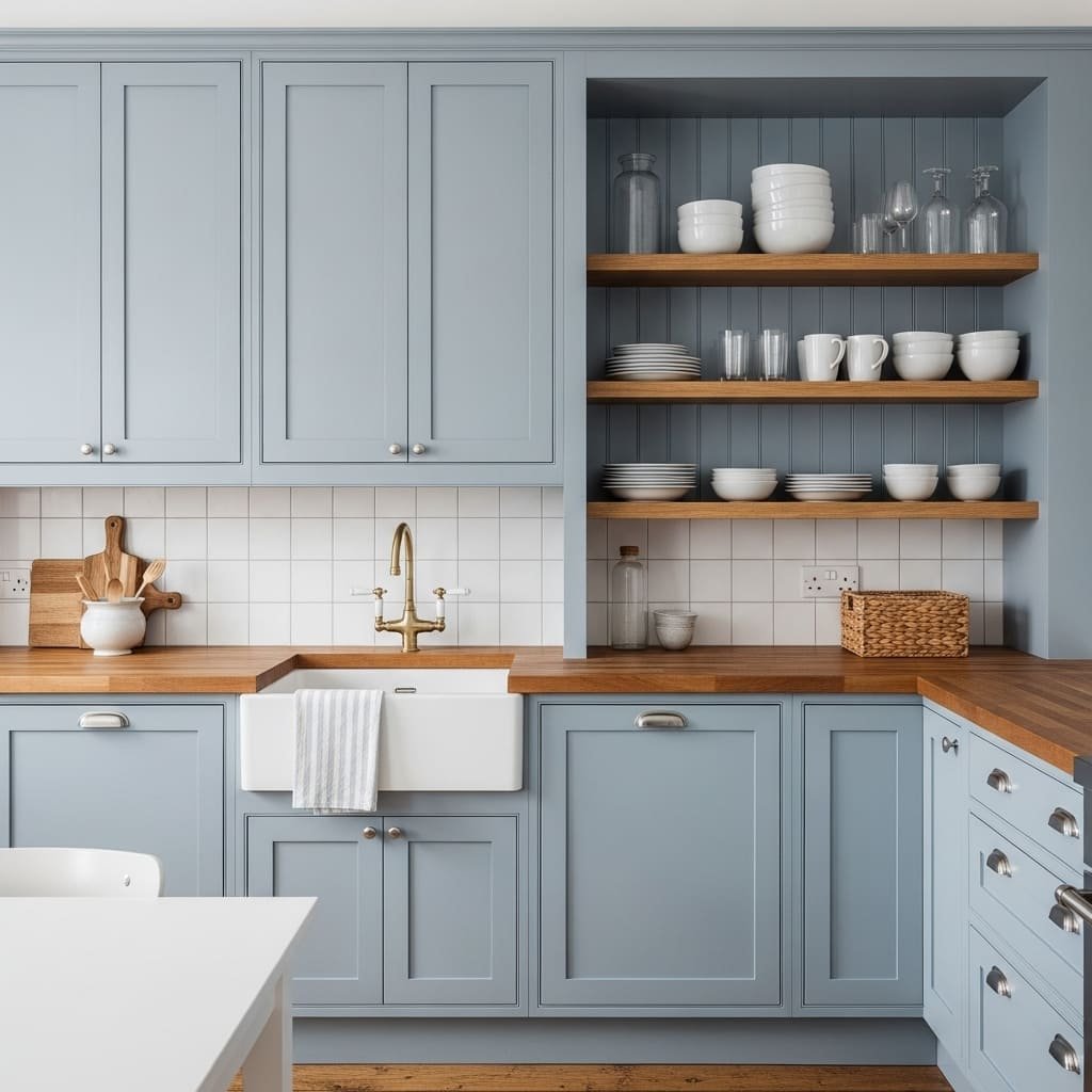 Light Blue Kitchen Cabinets With Butcher Block and Open Shelves