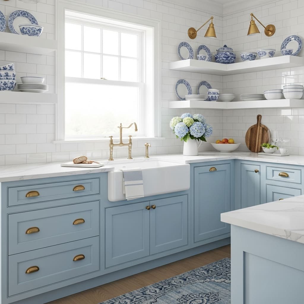 Light Blue Kitchen Cabinets With Farmhouse Sink and Open Shelves