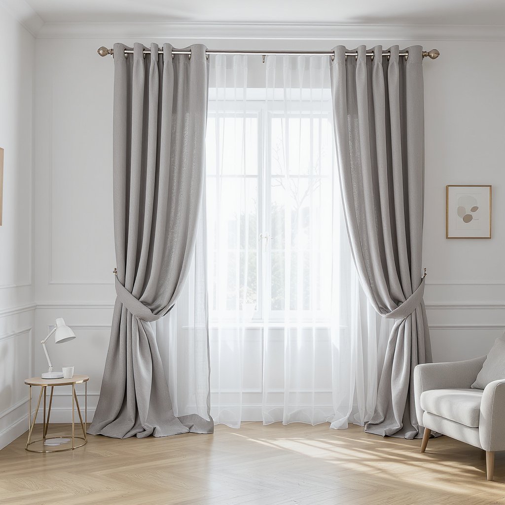 Light Gray Grommet Curtains with Sheer White Layer