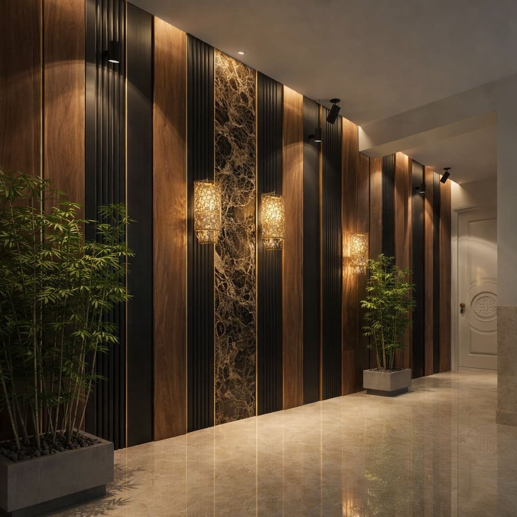 Luxury Wood and Black Fluted Office Entrance Wall with Marble Inlays