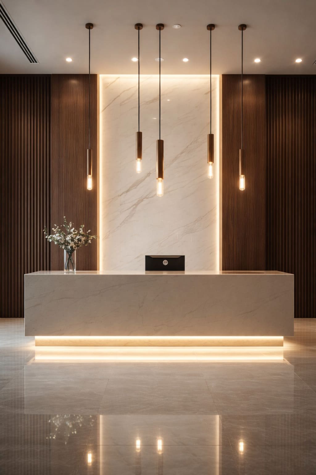 Marble Reception Feature Wall with Warm Pendant Lighting