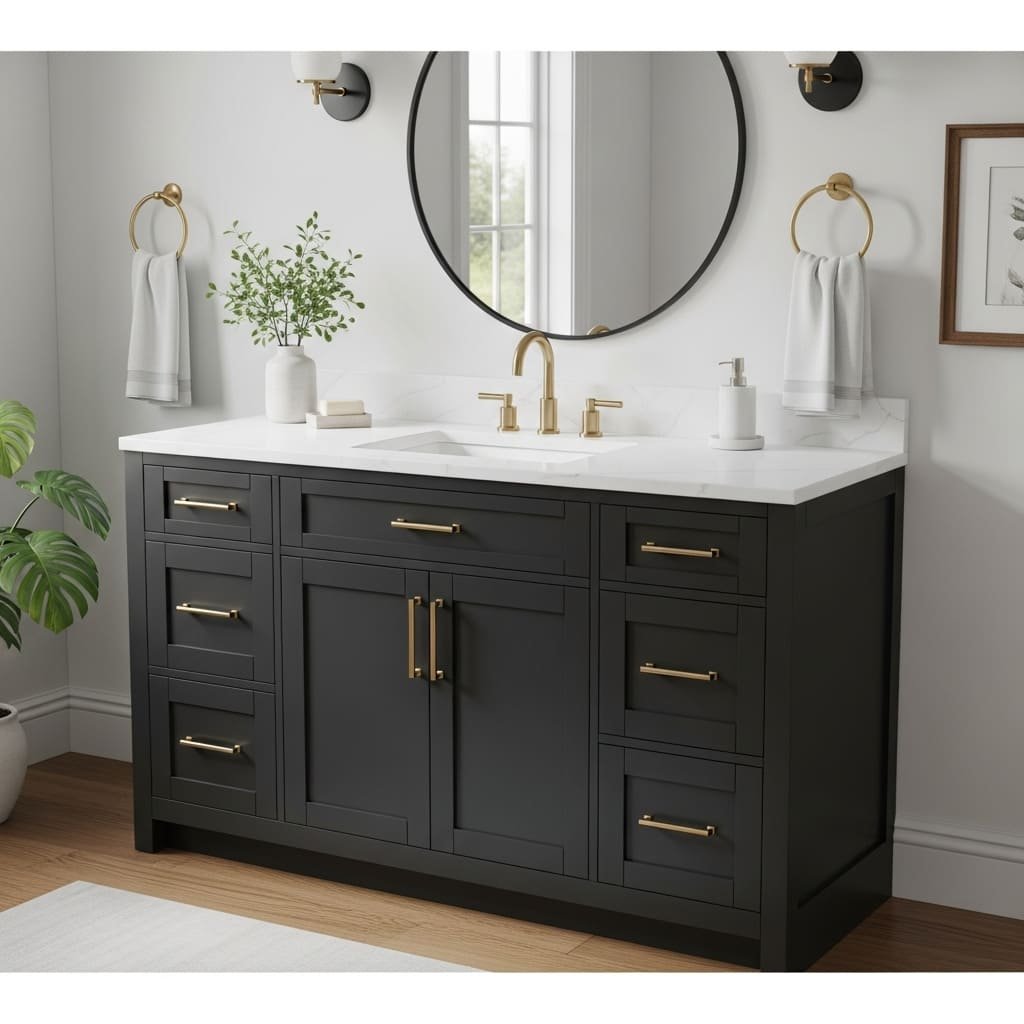 Matte Black Bathroom Vanity with Quartz Top and Brass Hardware