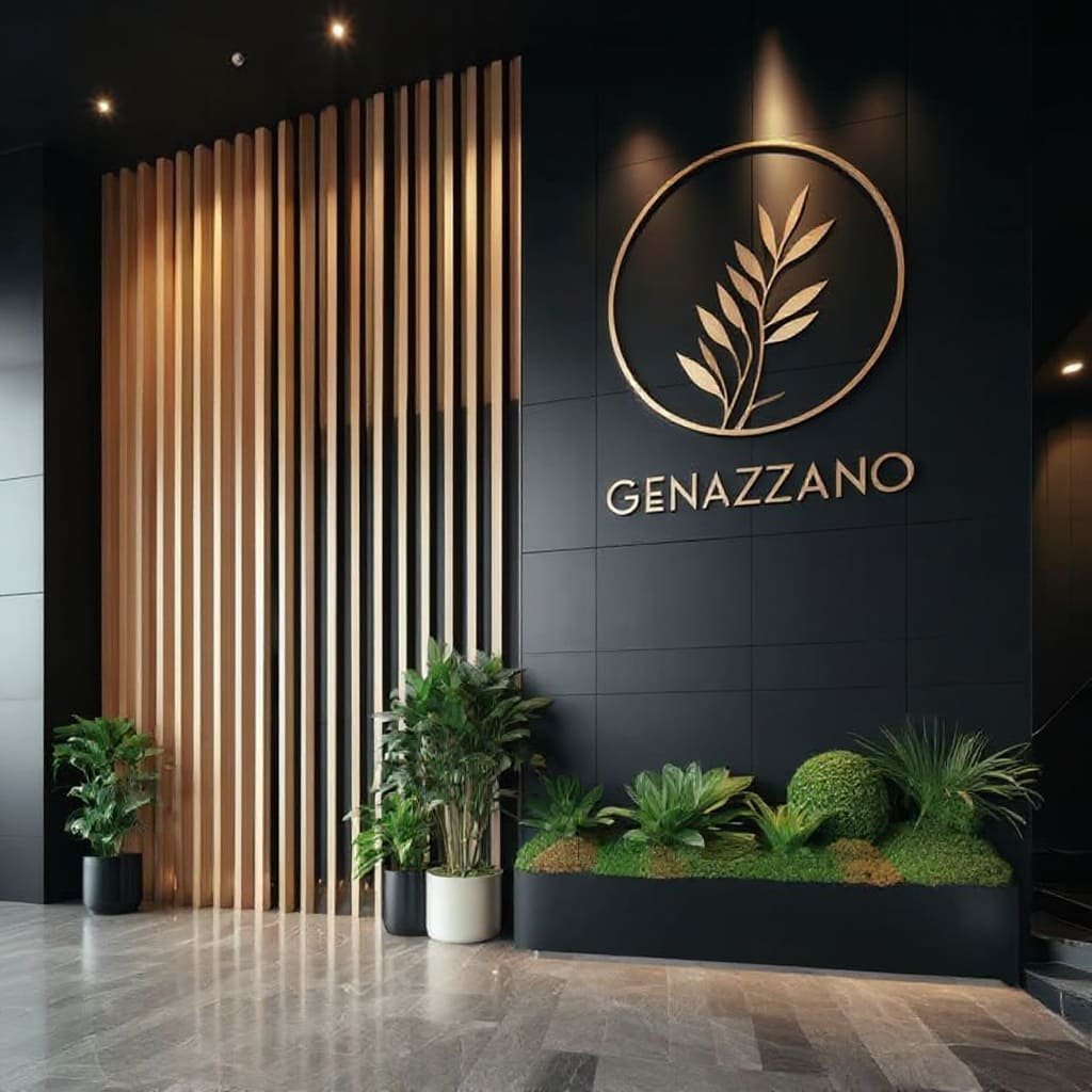 Matte Black Logo Wall with Wood Slat Screen and Green Planter