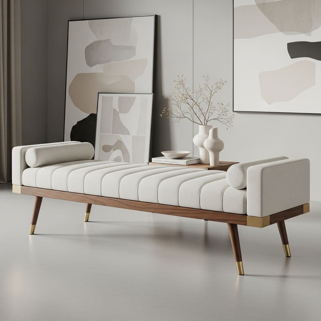 Mid-Century Channel-Tufted Bed Bench with Walnut Frame