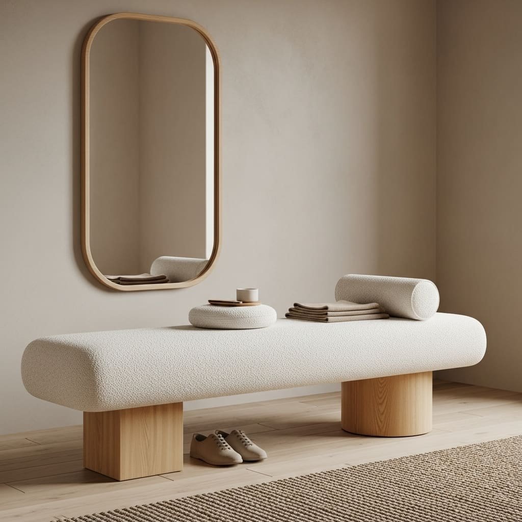 Minimal Bouclé Bed Bench with Wood Pedestal Legs