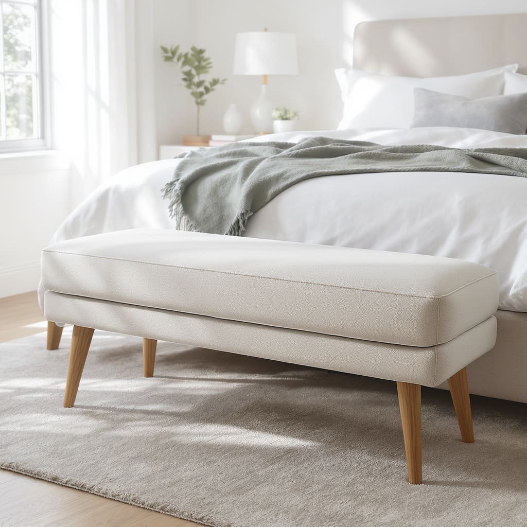 Minimal Padded Bed Bench with Tapered Wood Legs
