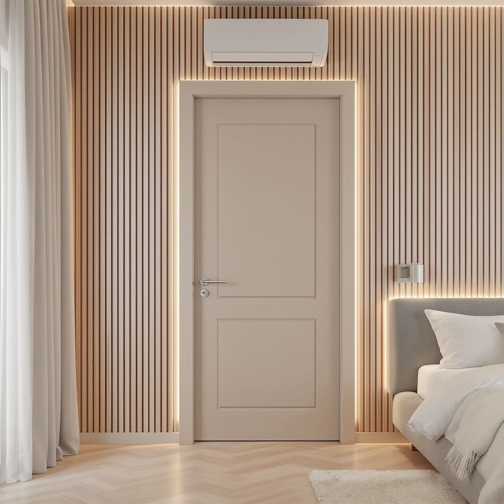 Minimal Taupe Bedroom Door with Slat Wall Backdrop