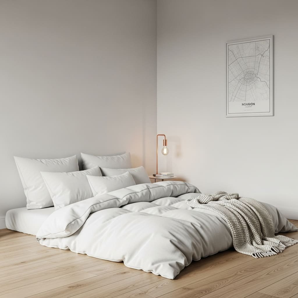 Minimal White Floor Bed with Cozy Layered Bedding
