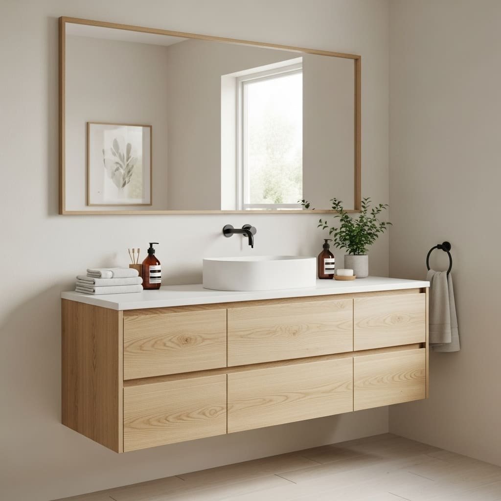 Minimalist Natural Wood Floating Bathroom Vanity with Vessel Sink