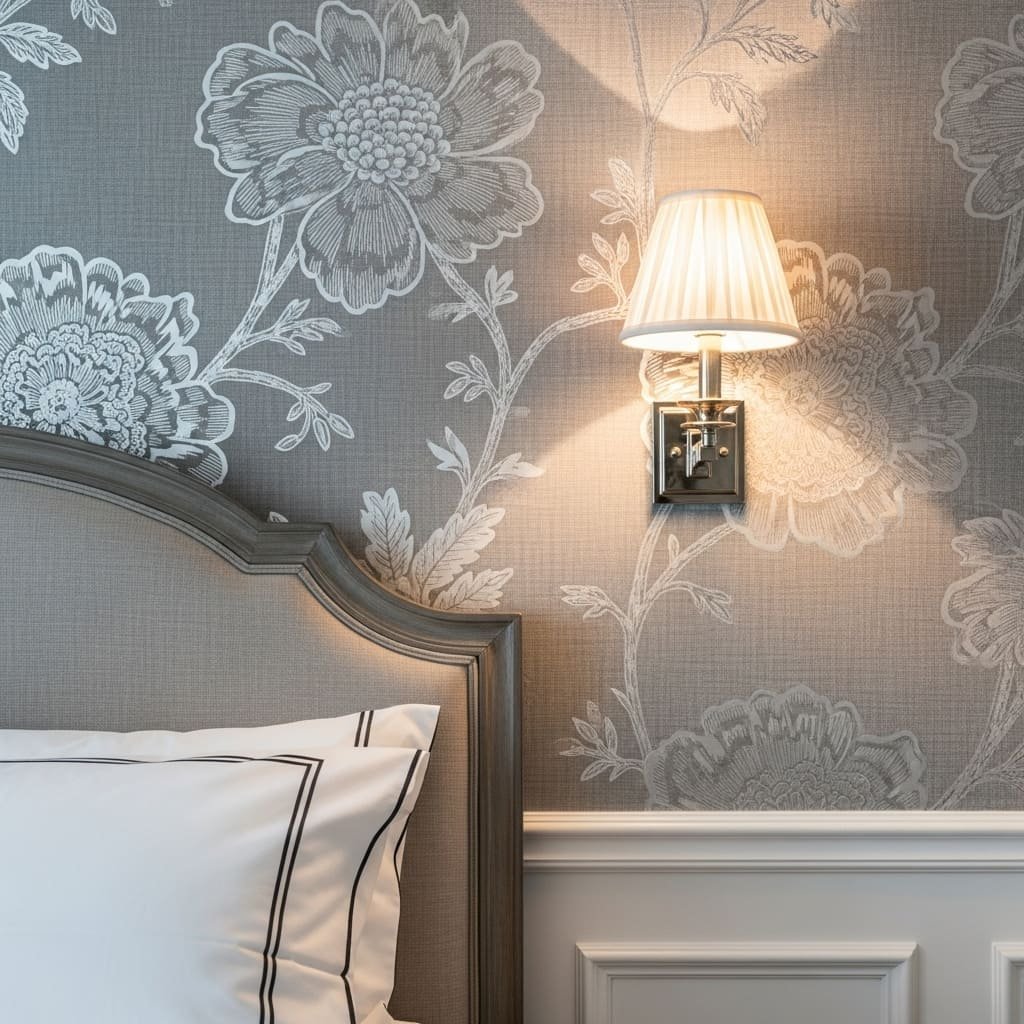 Mist Gray Botanical Sketch Soft Bedroom Wallpaper