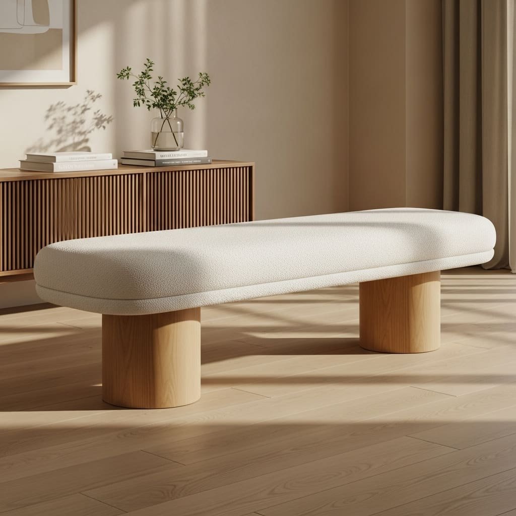 Modern Bouclé Bed Bench with Rounded Wood Pedestals