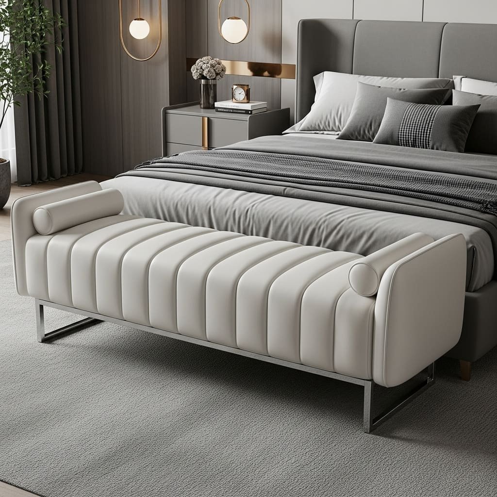 Modern Channel-Tufted Bed Bench with Bolster Arms