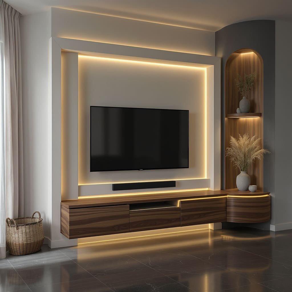 Modern Corner TV Unit with LED Frame and Curved Niche