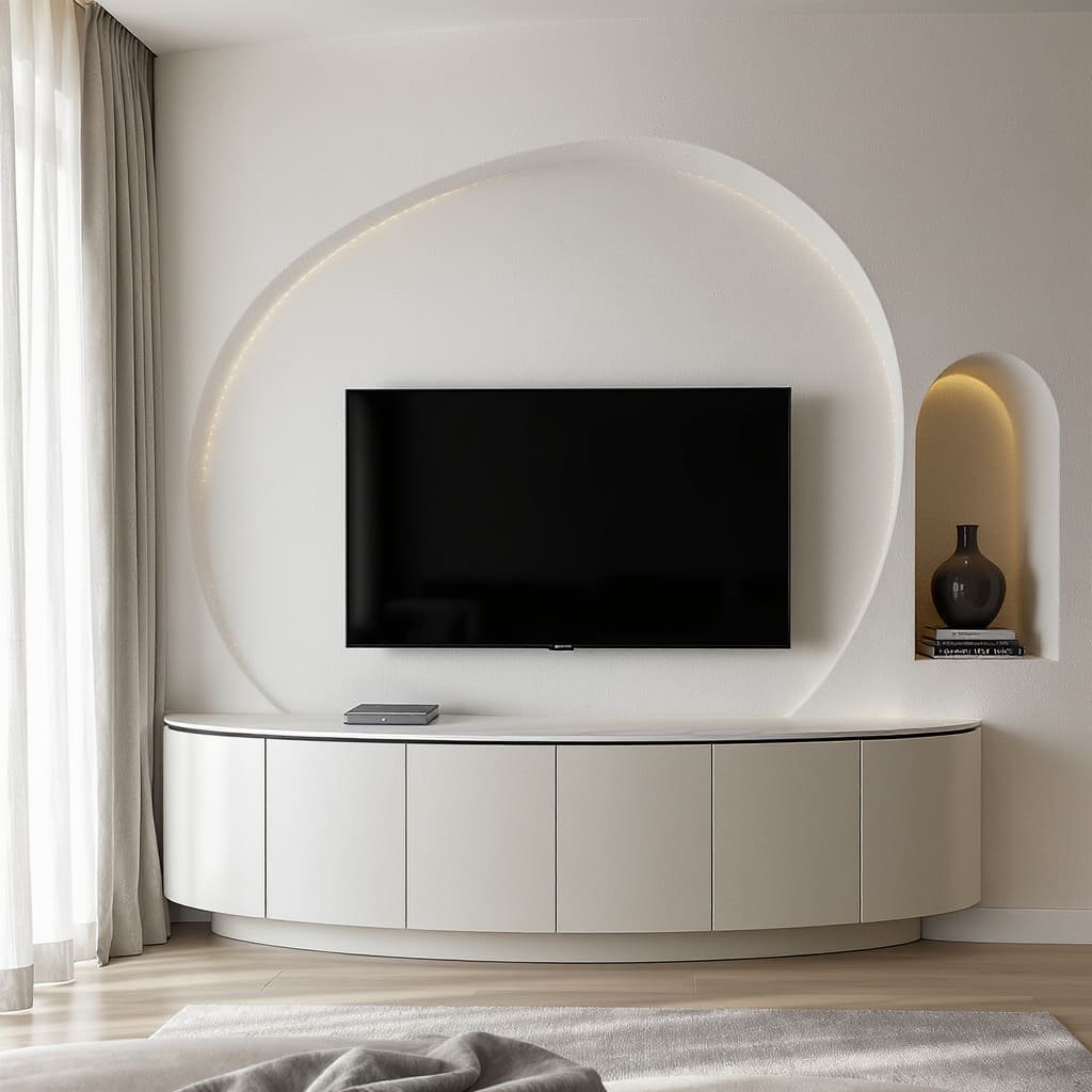Modern Curved Corner TV Unit with Halo Wall Panel