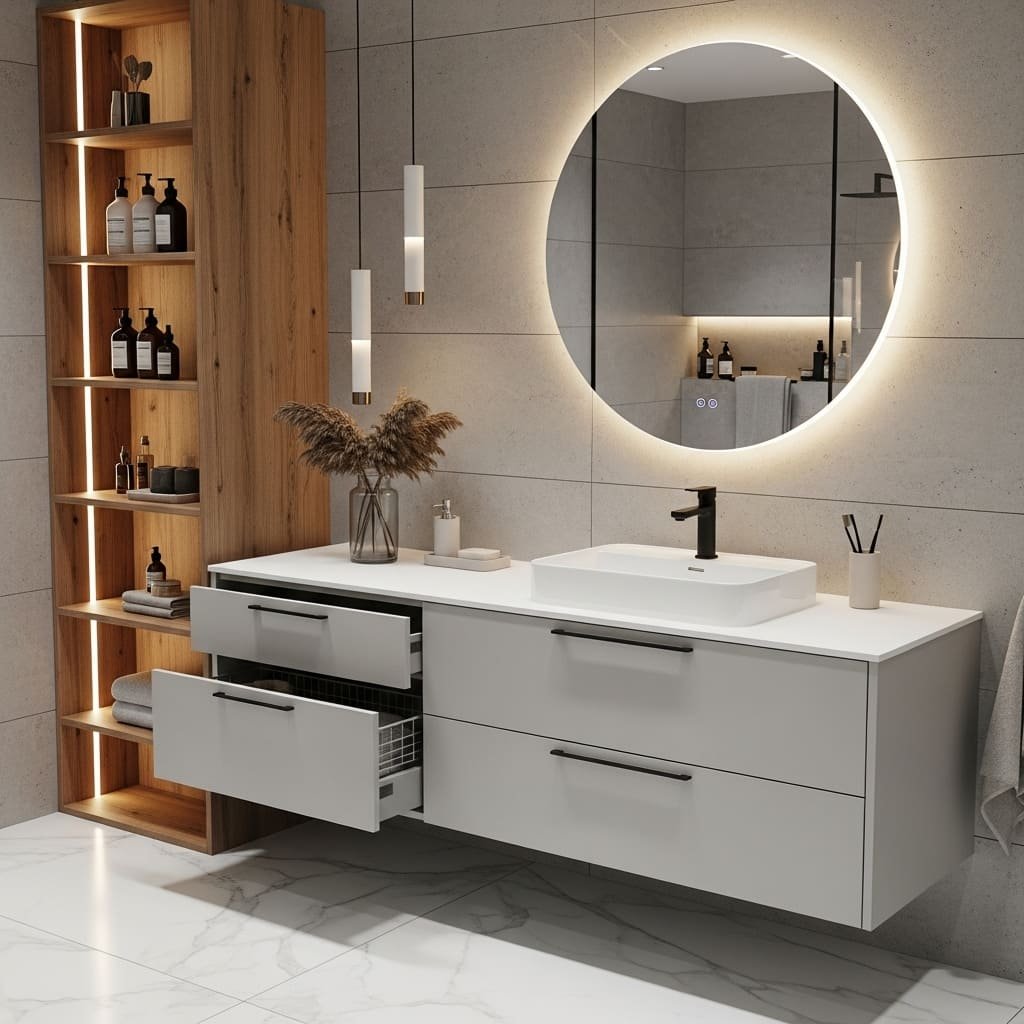 Modern Floating Bathroom Vanity with LED Round Mirror and Open Wood Shelving