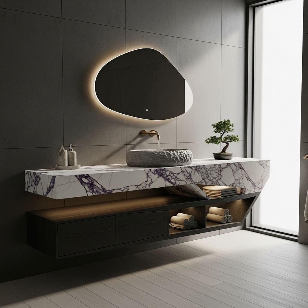 Modern Floating Bathroom Vanity with Marble Countertop and Stone Vessel Sink