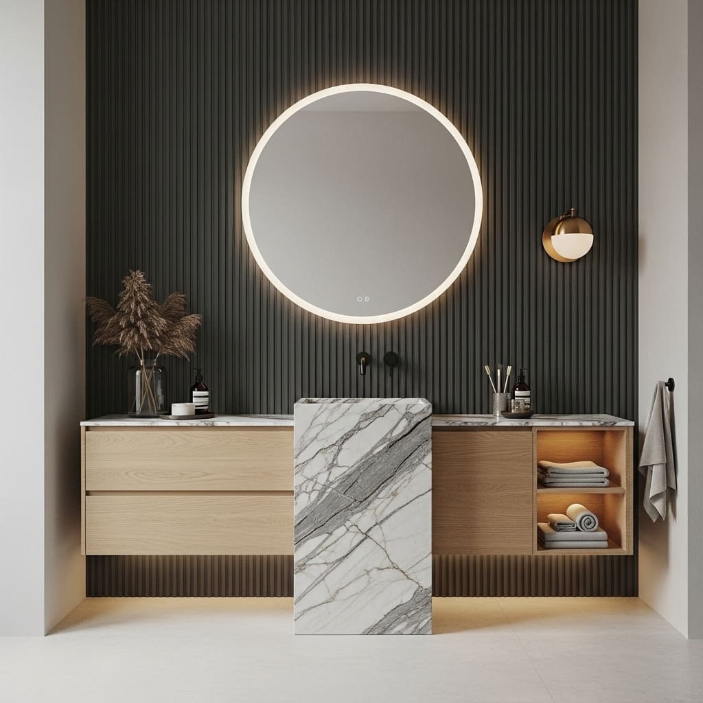 Modern Floating Bathroom Vanity with Marble Waterfall Sink and LED Round Mirror