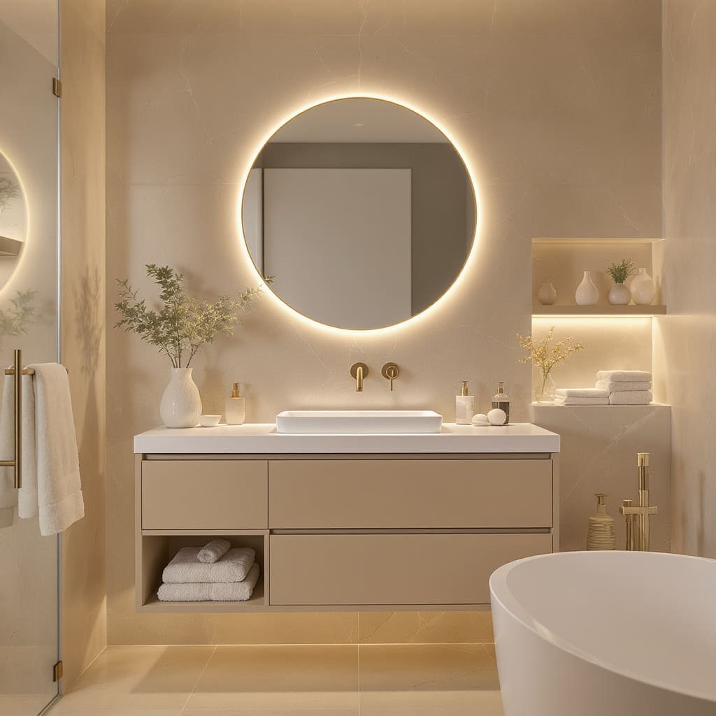 Modern Floating Bathroom Vanity with Round Backlit Mirror