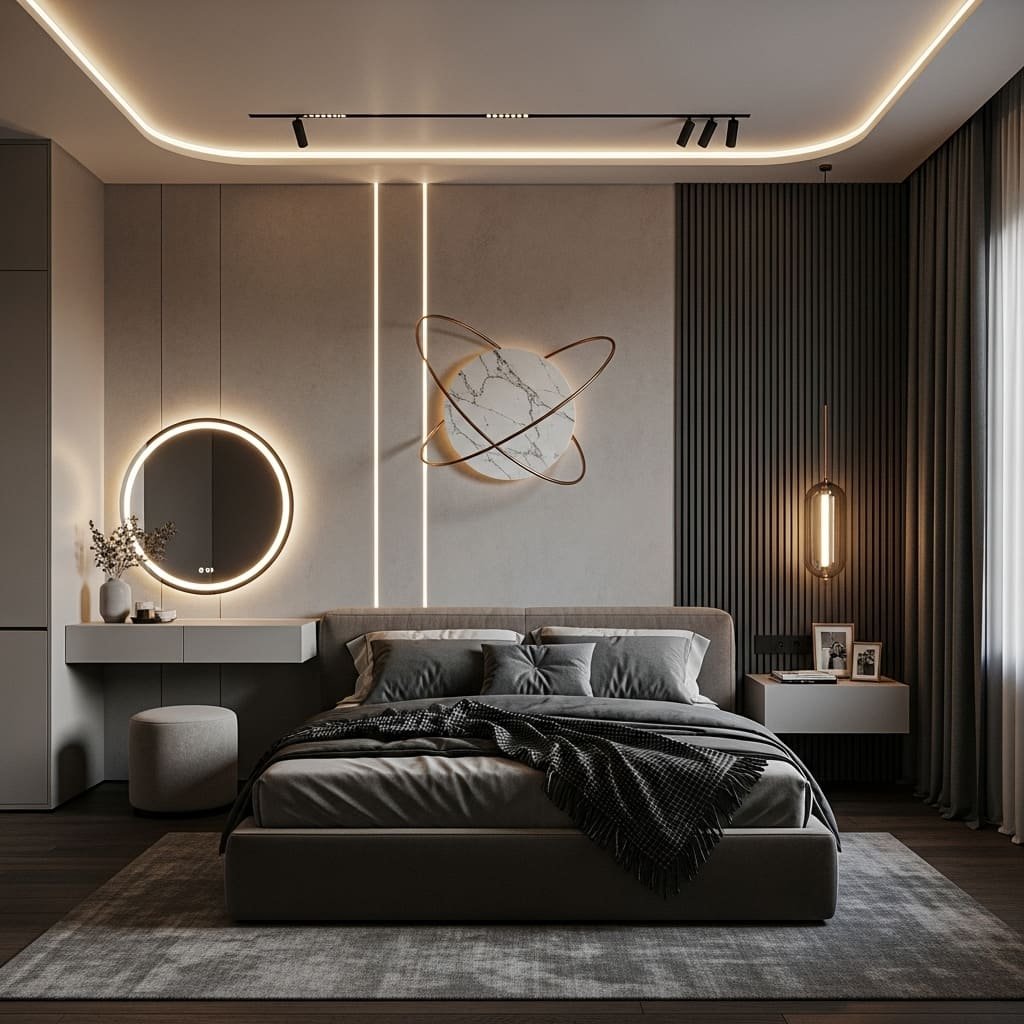 Modern Gray Bedroom with LED Accent Wall