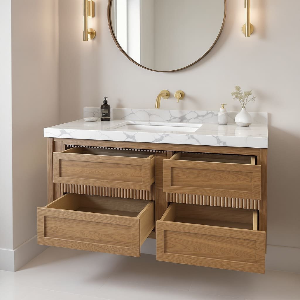 Modern Oak Floating Bathroom Vanity with Quartz Top and Soft Close Drawers