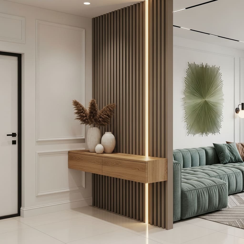 Modern Slatted Wood Partition With Floating Console