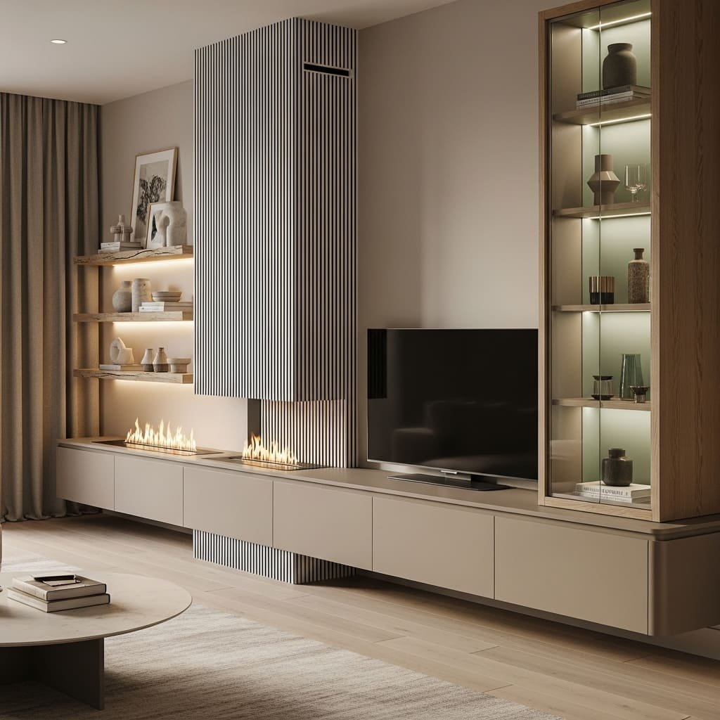 Modern TV Unit Corner Design with Fireplace and Glass Display