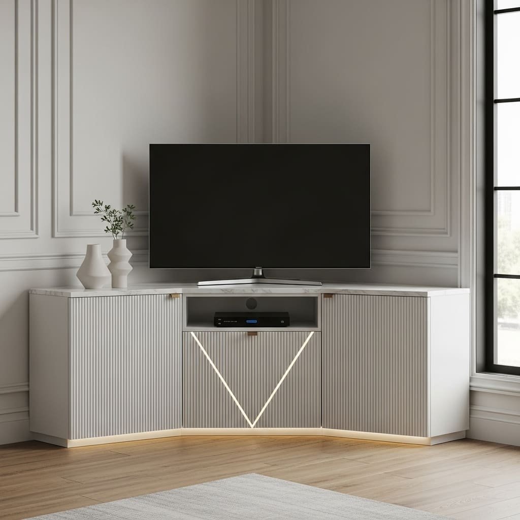 Modern White Corner TV Unit with Fluted Front and LED Accent