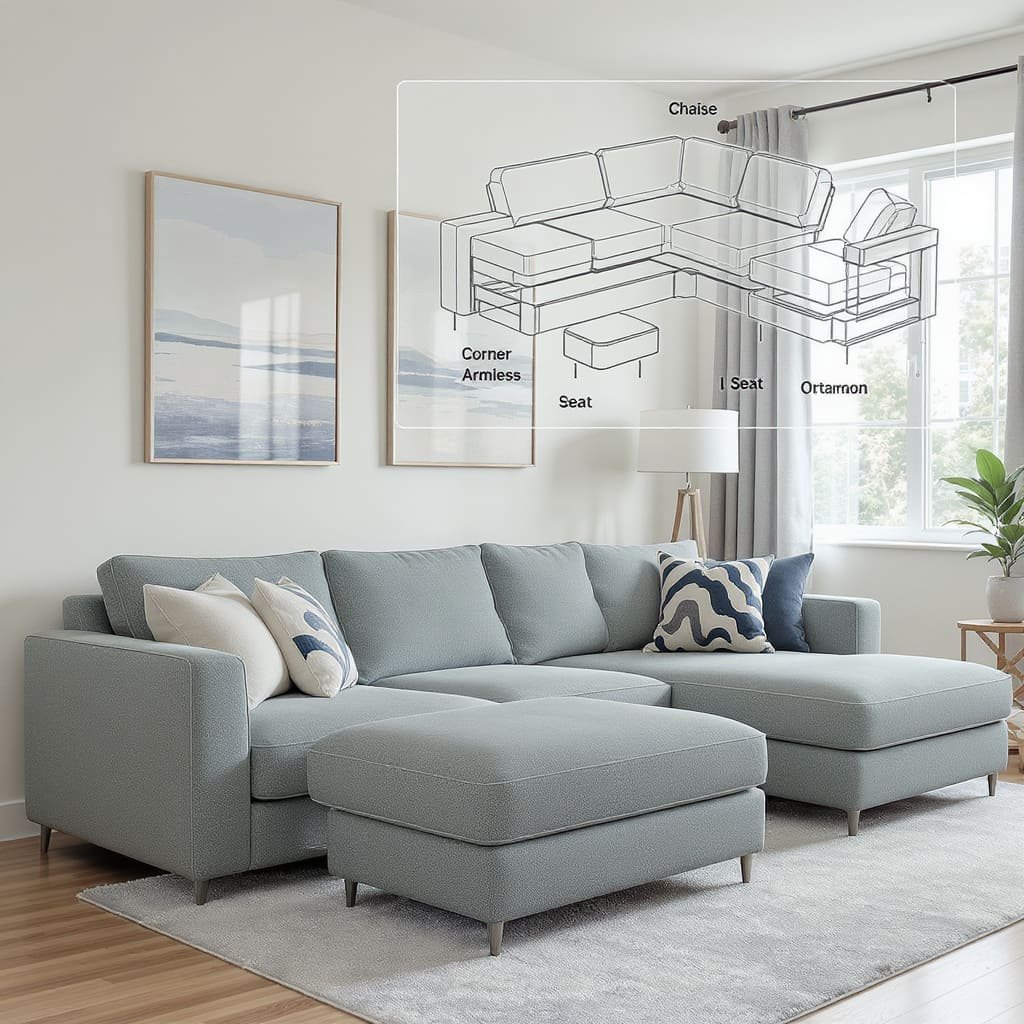 Modular Grey L Shape Sofa with Ottoman