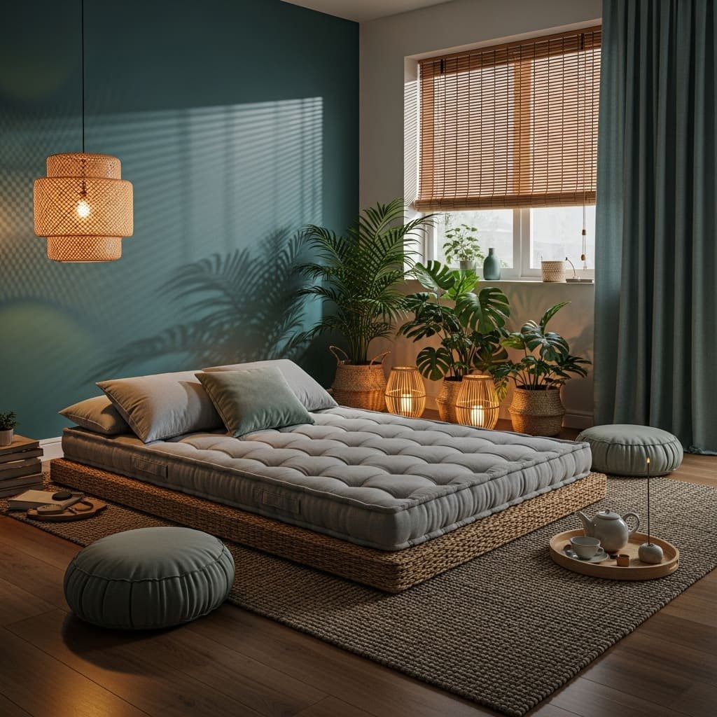 Moody Boho Floor Bed Lounge with Plants and Warm Lamps