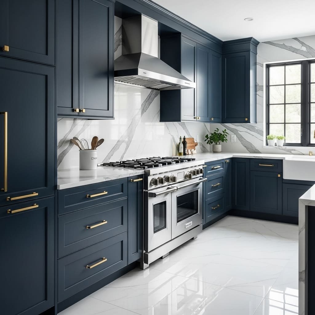 Navy Blue Kitchen Cabinets With Brass Pulls and Marble Slab Backsplash