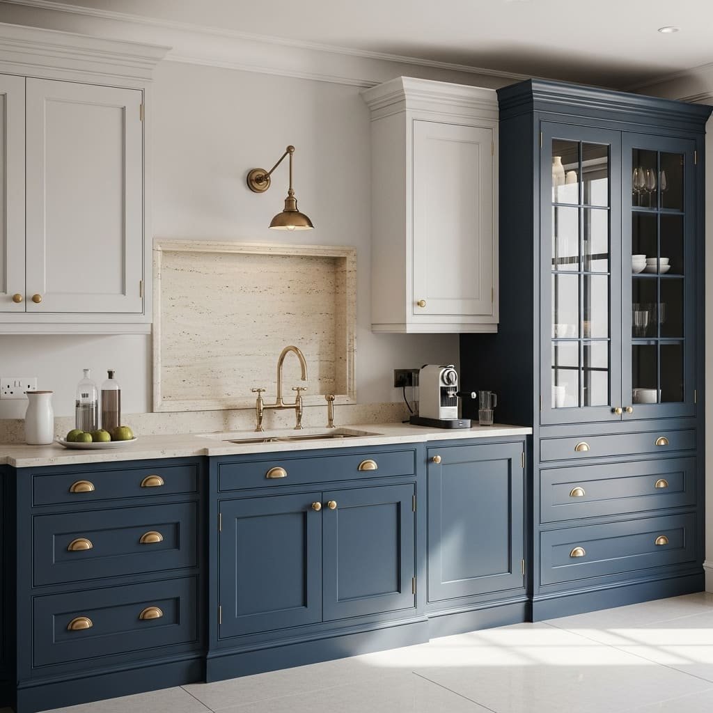 Navy Blue Kitchen Cabinets With White Uppers and Brass Hardware