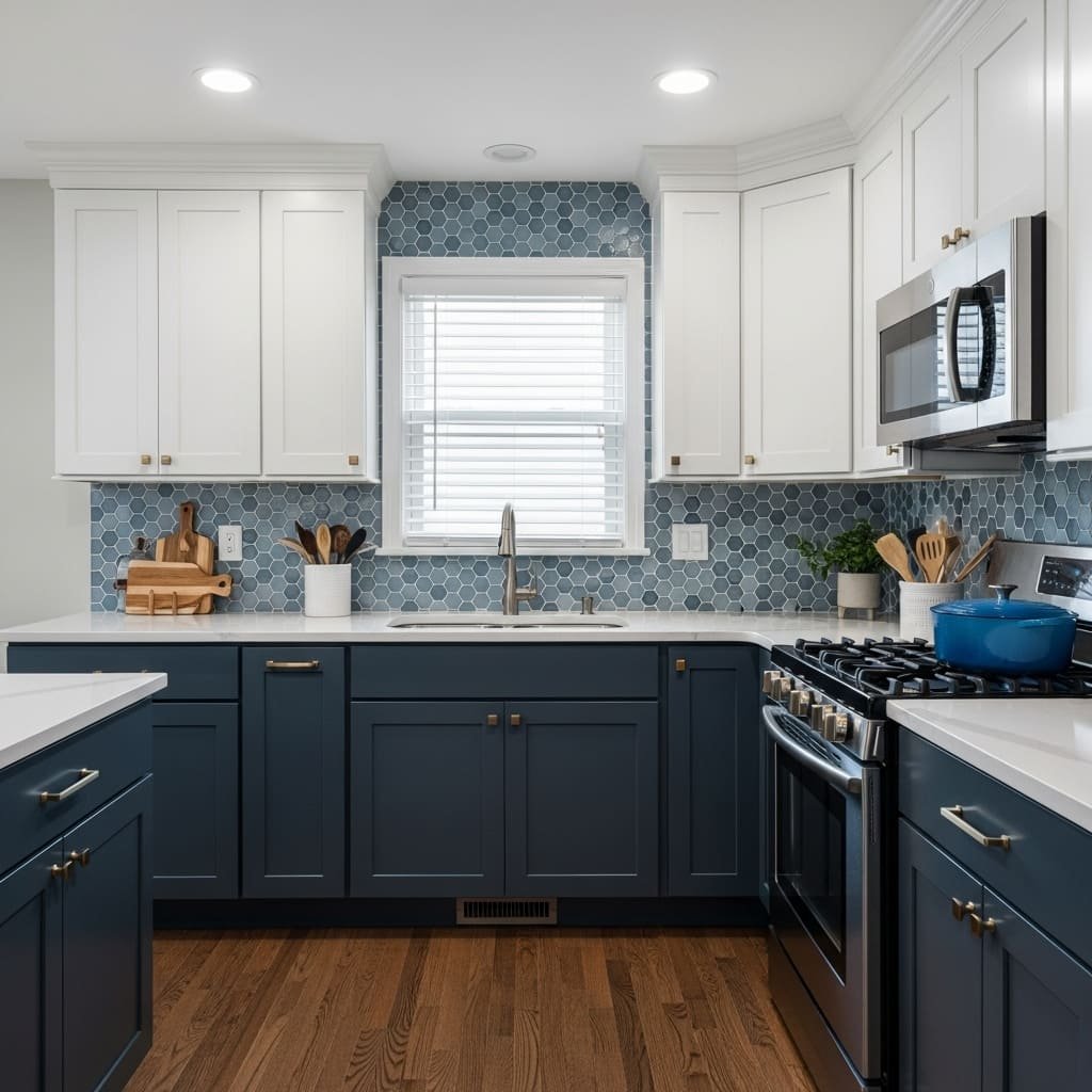 Navy Blue Kitchen Cabinets With White Uppers and Hex Tile